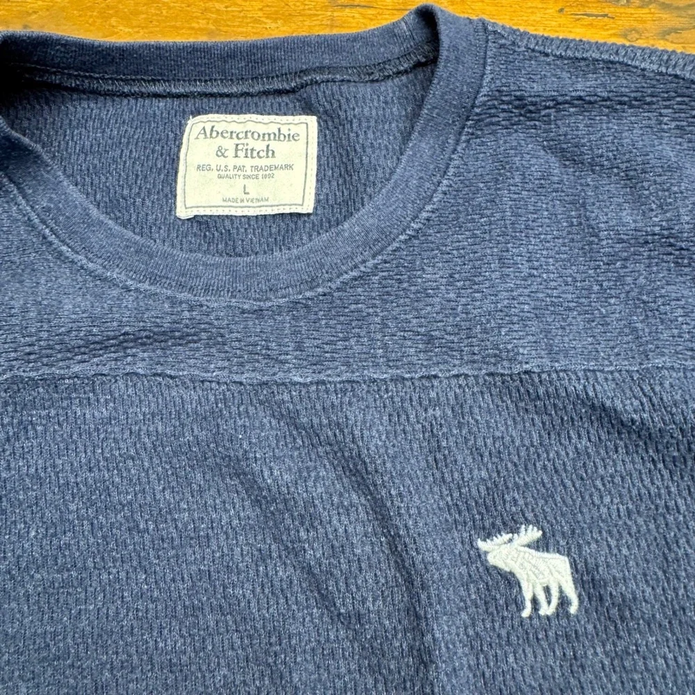 Abercrombie Fitch Mens Long Sleeve Navy Thermal Crewneck T Shirt Size L Moose - Picture 2 of 6